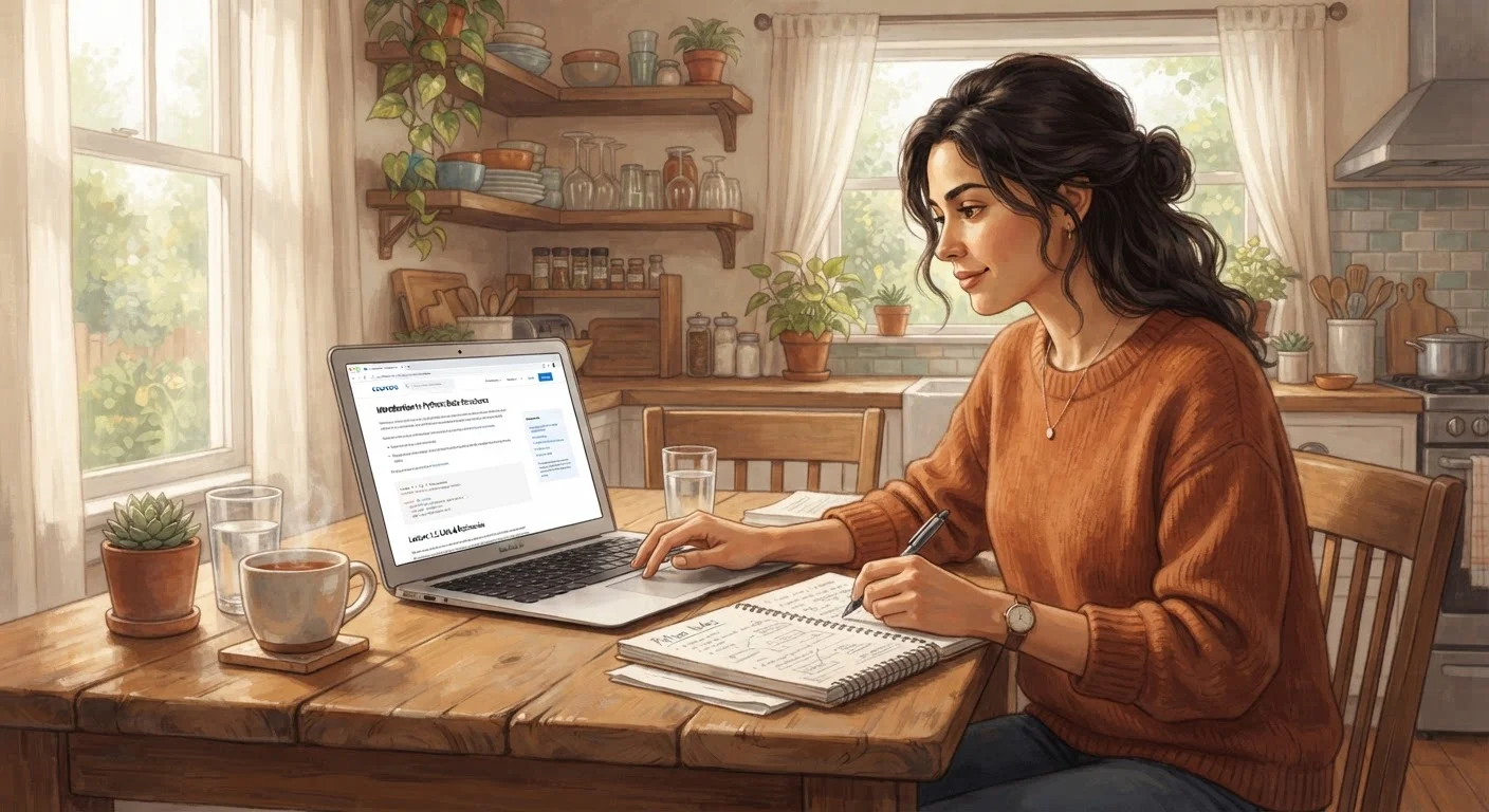 Person studying an online course on a laptop at a home kitchen table with notebooks