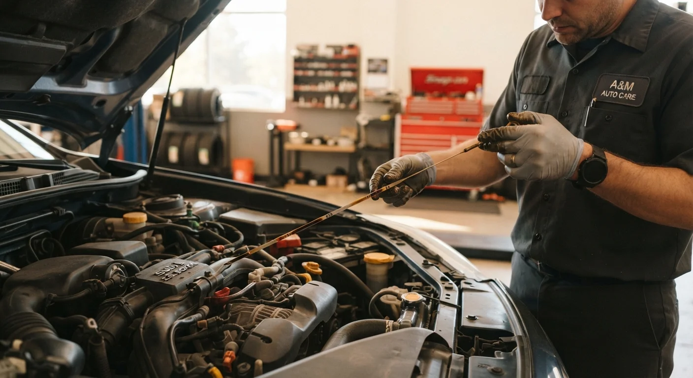 A mechanic checking engine oil level on a family sedan in a garage
