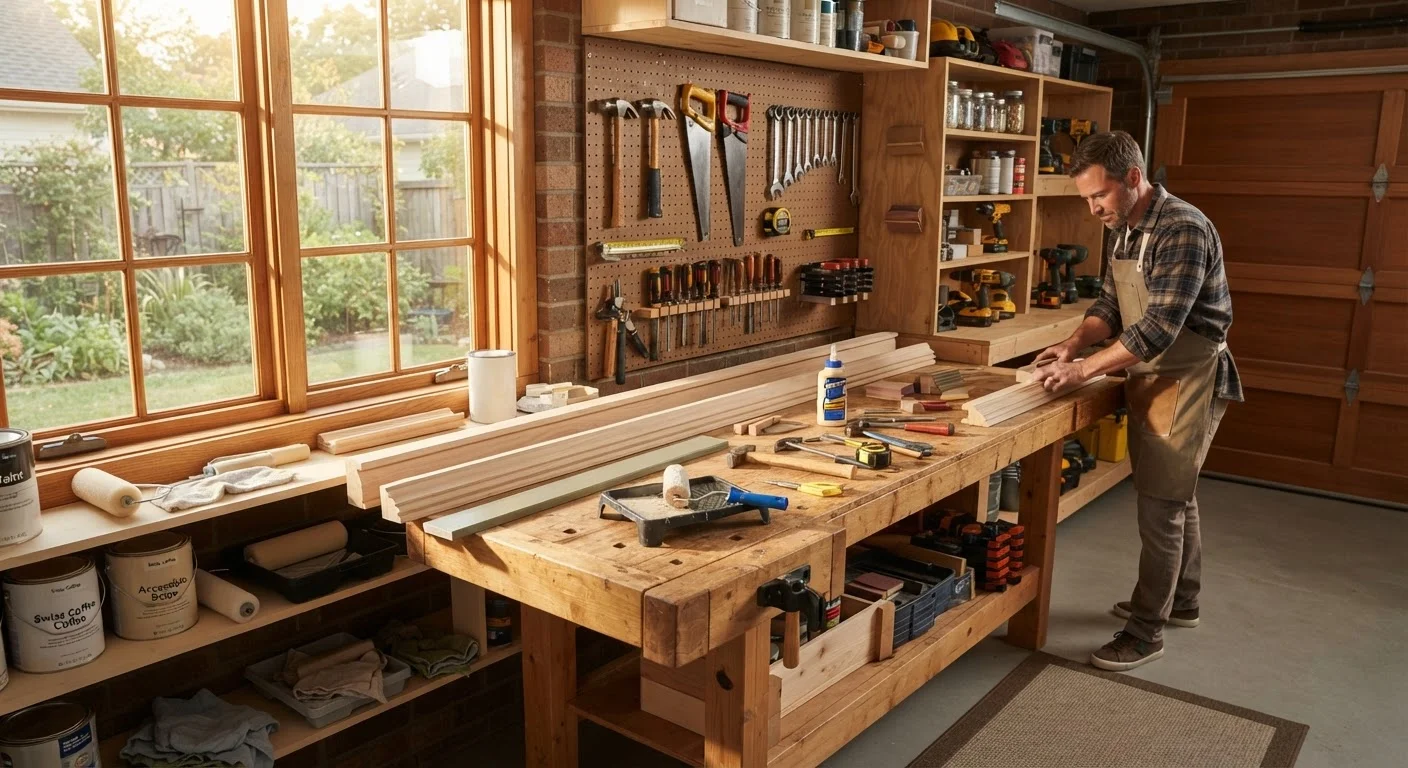 A tidy home workshop with tools and materials ready for a weekend DIY home improvement project