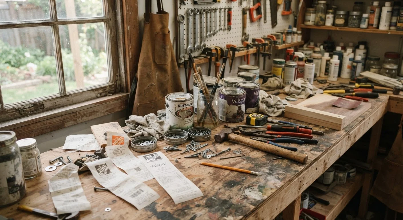 A workbench covered with receipts, tools, paint cans, and hardware pieces for a home repair project